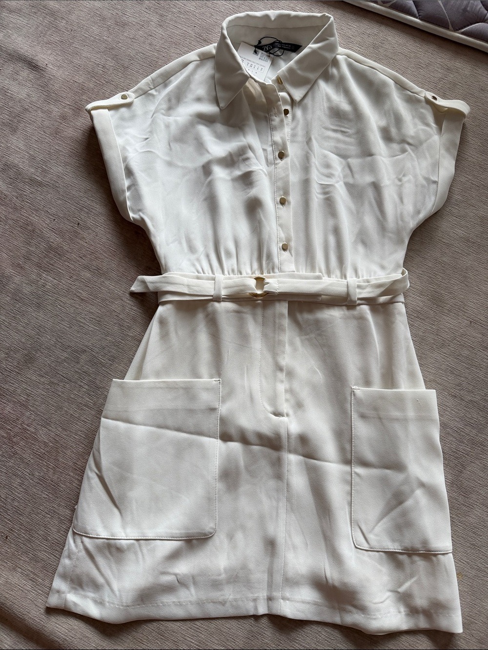 Zara Cream Belted Mini Dress Small - Picture 2 of 11
